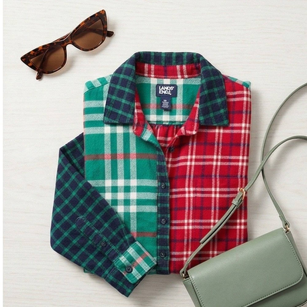 Lands End PL Women's Plaid Colorblock Button Down Shirt Petite 14-16‎ Fleece - Picture 4 of 10